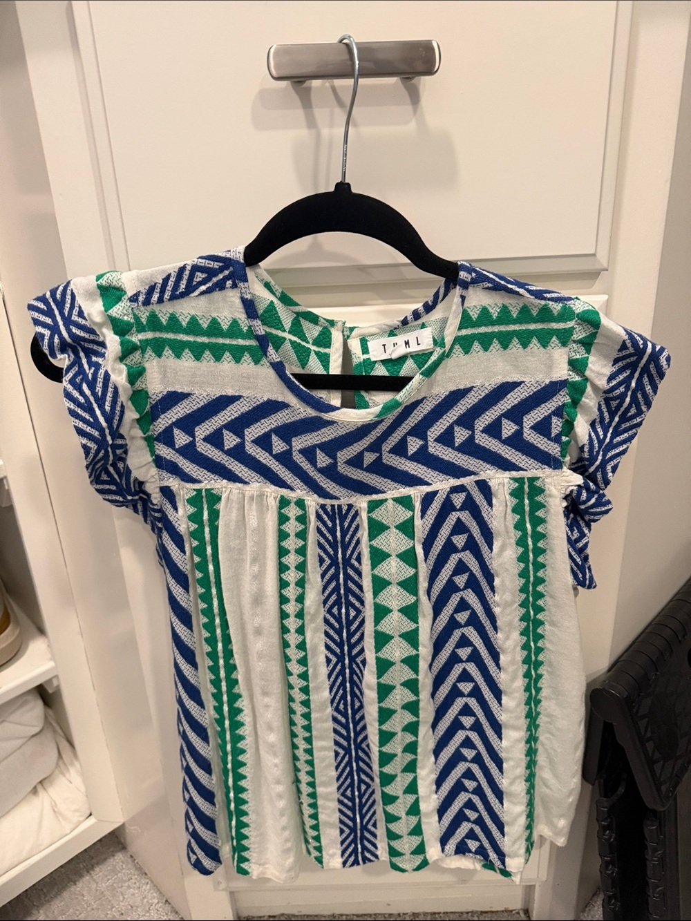 THML Blue, Green & White Geometric Flutter Sleeve Top